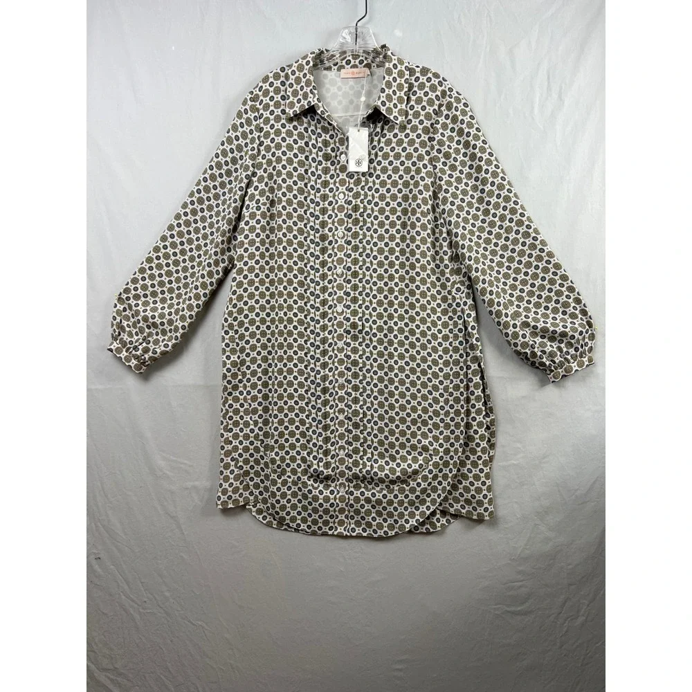 Tory Burch Cora Shirt Dress Women 10 White Geometric Medallion Long Sleeve New